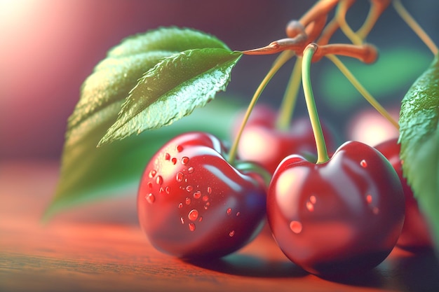 A close up of cherries with water drops on them