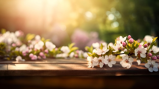 A close up of a cherry blossom on a wooden table with a blurred background