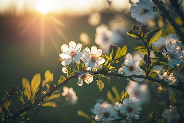 Close up of cherry blossoms against a sunset background