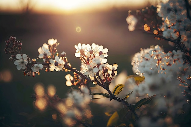 Close up of cherry blossoms against a sunset background