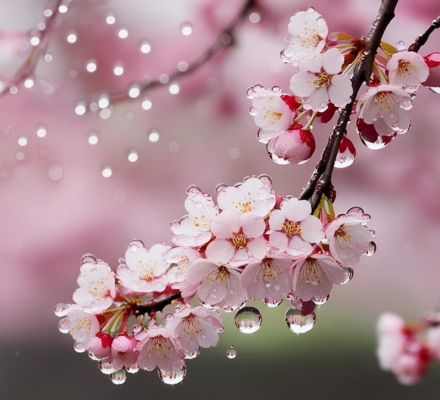 a close up of cherry blossoms with rain drops on them