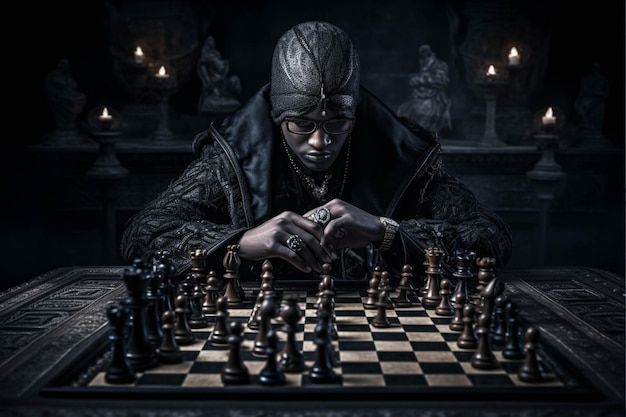 Close up of a chess player playing a game of chess on a dark background