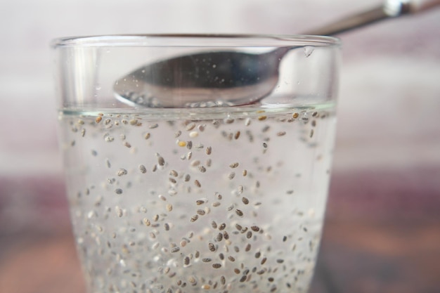 Close up of chia seeds in a glass of water