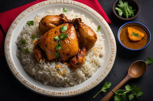 Close up of chicken mandi rice dish