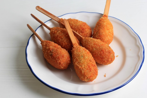 Close Up Chicken Sempol, Indonesian Food. Sempol is a Snack Made From Tapioca Flour and Chicken, and Served with Stick