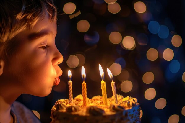 Photo a close up child blowing out candles on a birthday cake black bokeh background