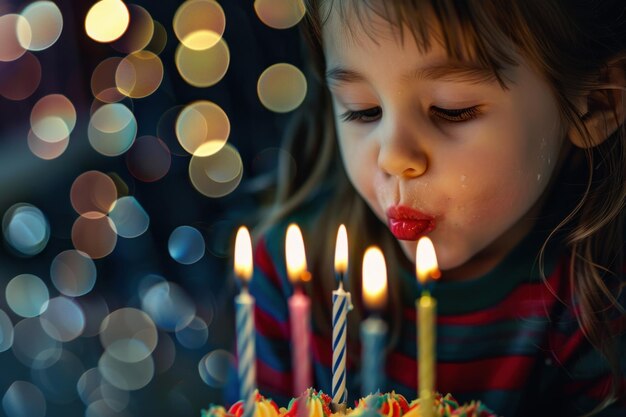 Photo a close up child blowing out candles on a birthday cake black bokeh background