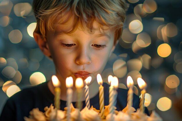 Photo a close up child blowing out candles on a birthday cake black bokeh background