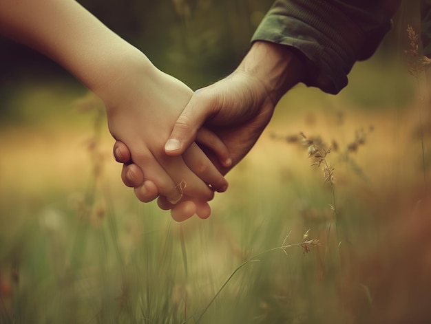 Close up of a child holding his fathers hand against a green field background