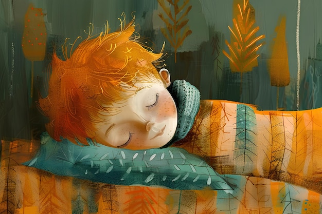 A close up of a child sleeping on a bed