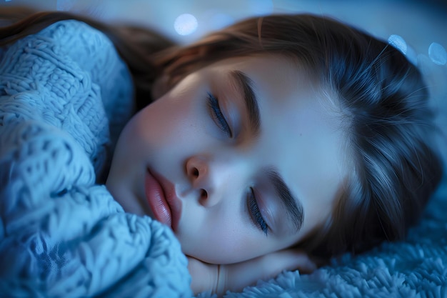 A close up of a child sleeping on a bed