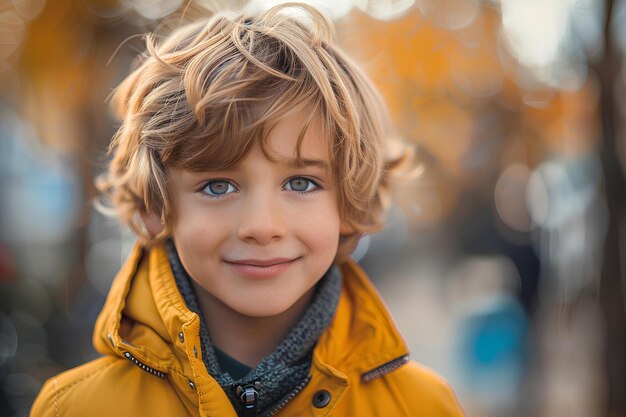 A close up of a child wearing a yellow jacket