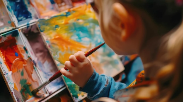 Close up of children hands holding paint brush and painting picture aig