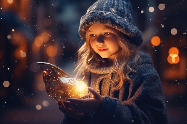 Close up of children with a magic Christmas ball and joyful expression Christmas magic concept image