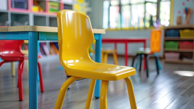 Photo close up of children39s school chairs in the background of a blurry classroom with colorful tables and bookshelves