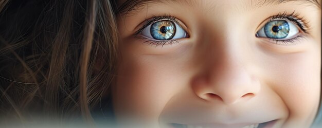 Photo a close up of a childs blue eye looking at a tablet with a blue eye