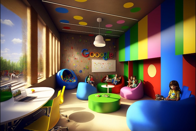 A close up of childs room with large colorful wallpapered generative ai