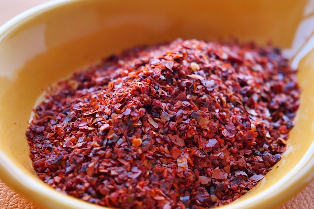 Close up of chili flakes in a bowl on table