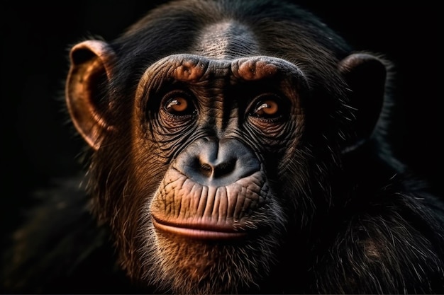 A close up of a chimpanzee's face with a black background.