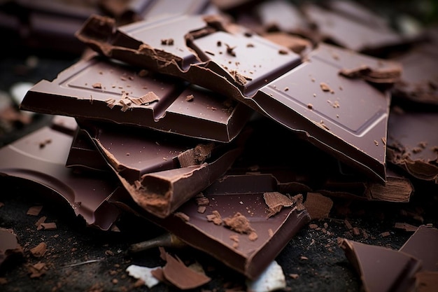 Close up of chocolate bar crashed into pieces