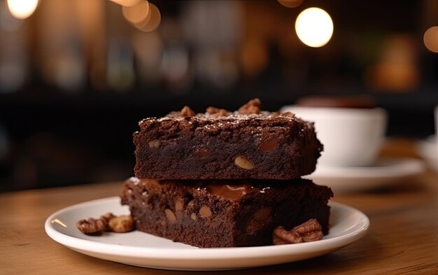 A close up chocolate brownie on a cafe background sweet dessert bakery food ai generated