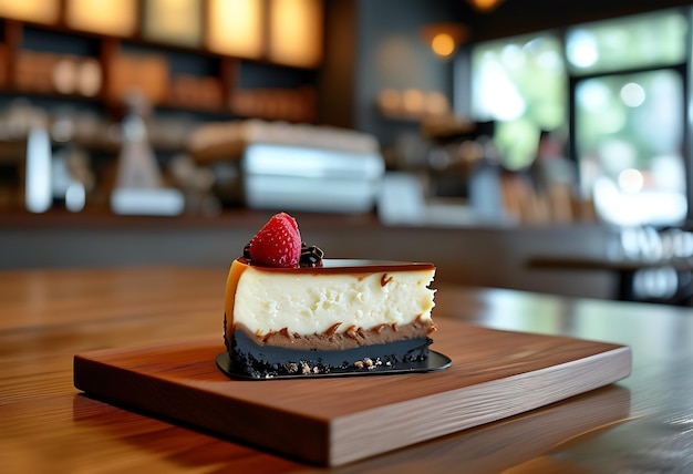 Close up of chocolate cheesecake on square wooden plate modern coffee shop background