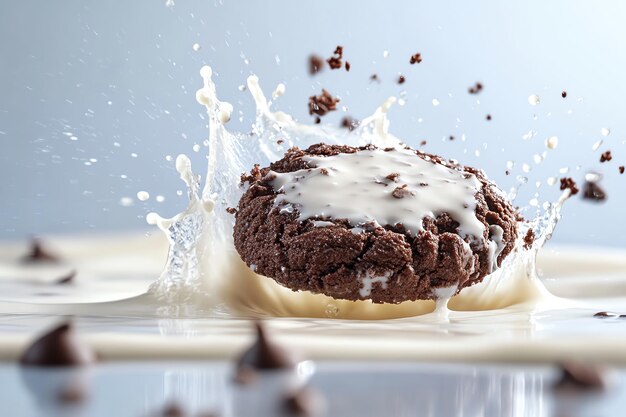 Photo close up of a chocolate chip cookie covered in milk and splashing into a pool of milk