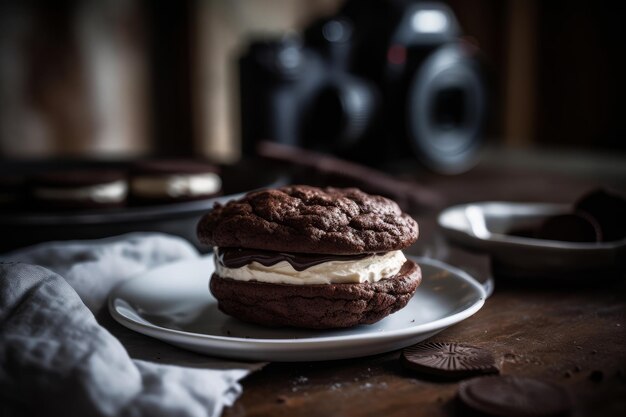 A close up of a chocolate chip cookie with cream cheese filling