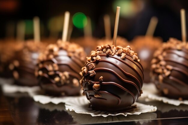 Close up of chocolate covered caramel apples arranged on a wooden display stand