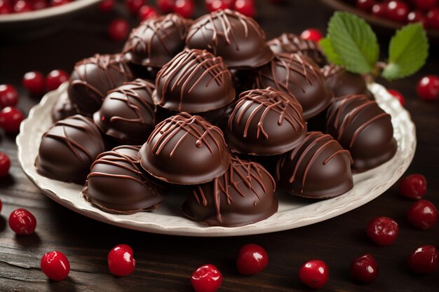 Close up of chocolate covered cherries arranged on a plate