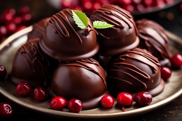 Close up of chocolate covered cherries arranged on a plate