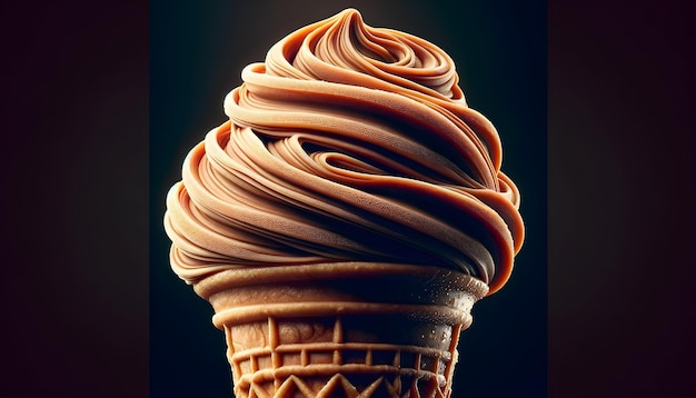 a close up of a chocolate ice cream cone with a black background