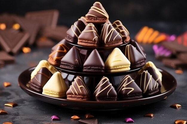 Close up of chocolate macarons arranged in a colorful pyramid on a dessert stand