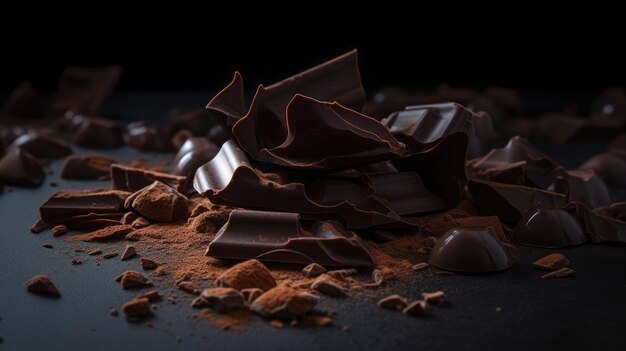 A close up of chocolate pieces on a black table