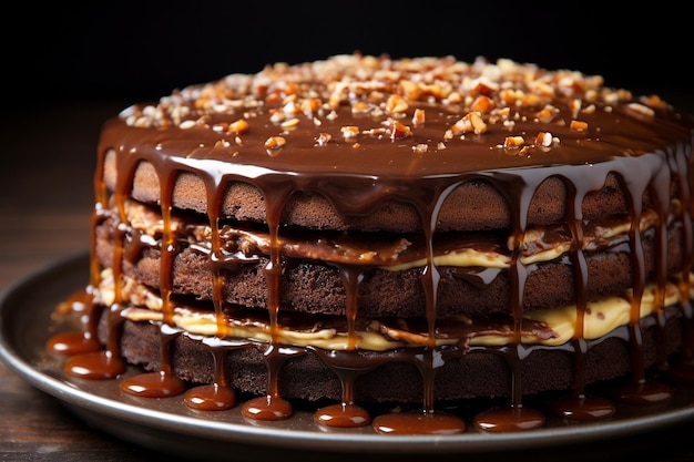 Close up of a chocolate toffee cake with caramel drizzle and toffee bits