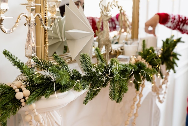 Close up of christmas decorations in living room interior