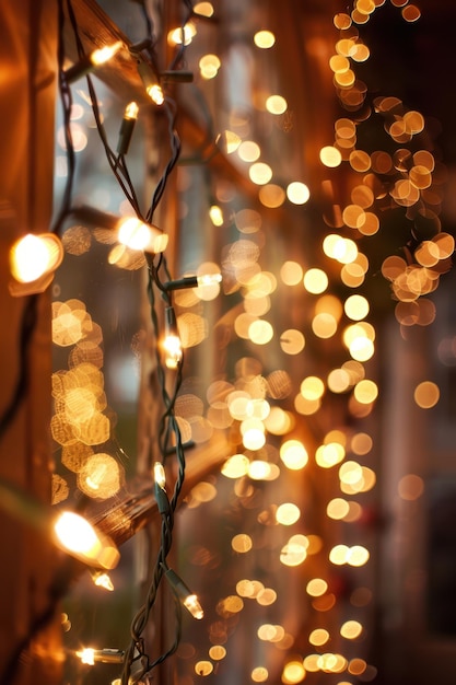 a close up of christmas lights on a window