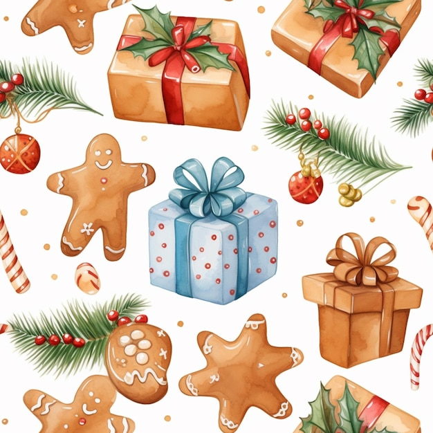 a close up of a christmas pattern with gingerbreads and presents generative ai