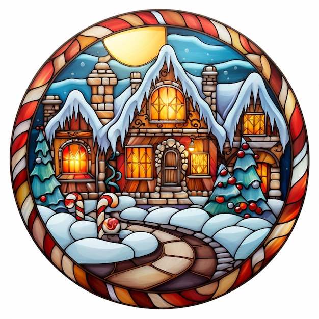 A close up of a christmas scene with a house and candy canes generative ai