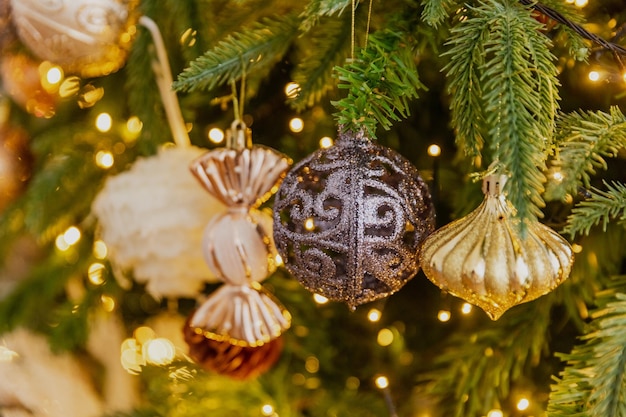 Close-up christmas toys on the tree