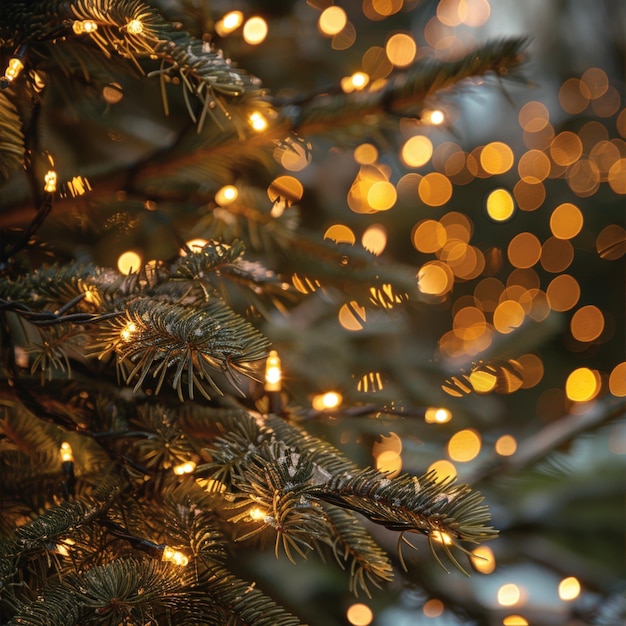 Close up of a Christmas tree branch with lights