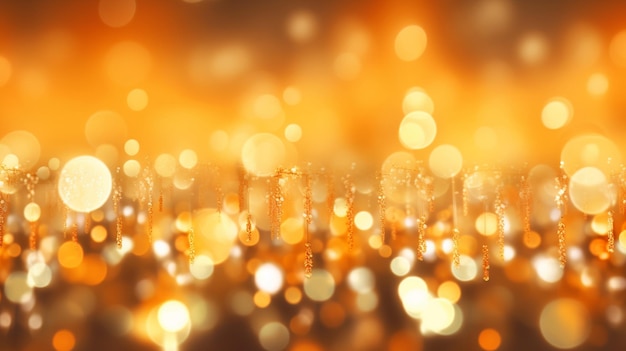 A close up of a christmas tree lights with a blurred orange background.