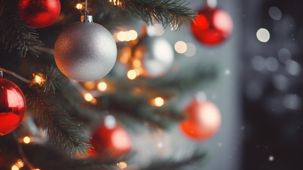 A close up of a christmas tree with red and silver baubles hanging from it's branches