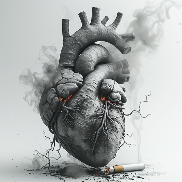 A close up of a cigarette and a heart with smoke coming out of it