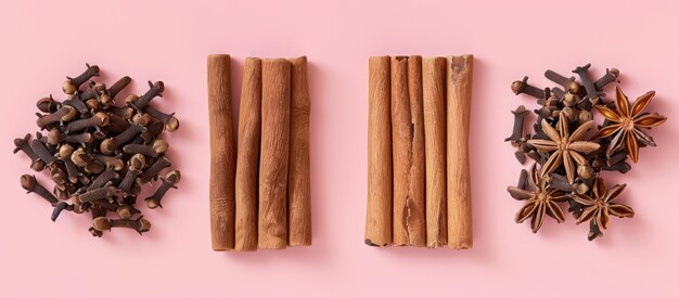 Photo a close up of cinnamon and cloves on a pink background