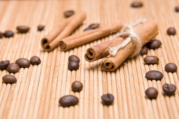 Close up of cinnamon spice Cinnamon sticks and coffee beans