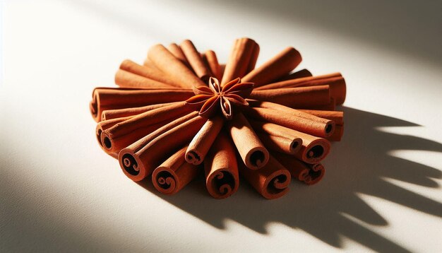 Photo close up of cinnamon sticks and ground cinnamon powder on white background