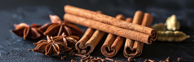 Photo close up of cinnamon sticks and star anise on dark surface