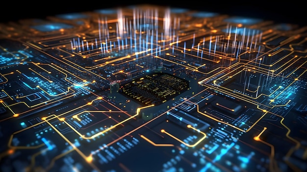 A close up of a circuit board with a blue and yellow circuit board.