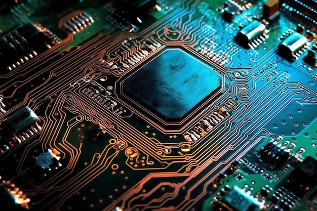 A close up of a circuit board with a chip in the middle